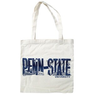 canvas tote with printed Penn State University with ink doodles